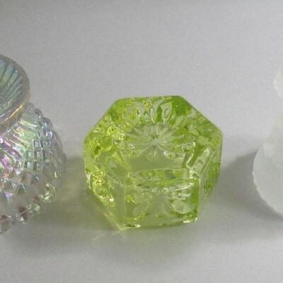 3 Older Glass Open Salt Dips, Vaseline, Clear Carnival, Satin Glass