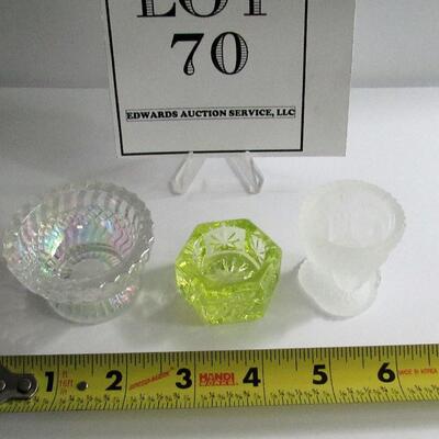 3 Older Glass Open Salt Dips, Vaseline, Clear Carnival, Satin Glass
