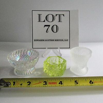 3 Older Glass Open Salt Dips, Vaseline, Clear Carnival, Satin Glass