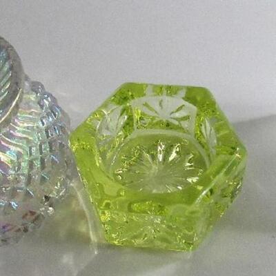 3 Older Glass Open Salt Dips, Vaseline, Clear Carnival, Satin Glass