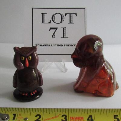 Older Hand Painted Boyd Glass Owl and Brown Slag Poochie Dog