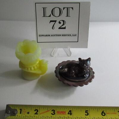 Vintage Yellow Satin Slag Bird Toothpick Holder and Mosser Plum Slag Cat Salt Dish