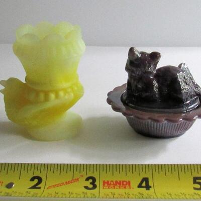 Vintage Yellow Satin Slag Bird Toothpick Holder and Mosser Plum Slag Cat Salt Dish