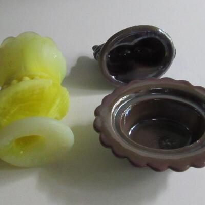 Vintage Yellow Satin Slag Bird Toothpick Holder and Mosser Plum Slag Cat Salt Dish