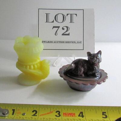 Vintage Yellow Satin Slag Bird Toothpick Holder and Mosser Plum Slag Cat Salt Dish