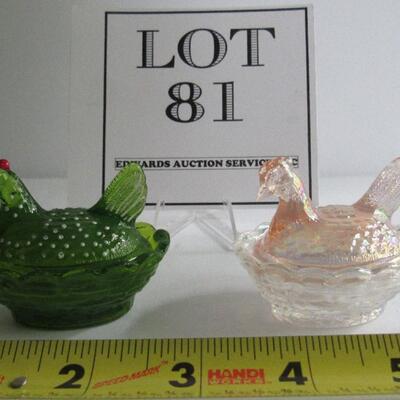 2 Vintage Boyd Glass Covered Hen on Nest Salts