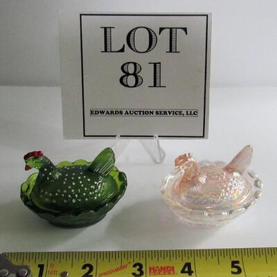2 Vintage Boyd Glass Covered Hen on Nest Salts