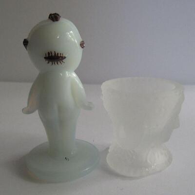 Hard to Find Boyd Glass Hand Painted Kewpie Figurine and LG Wright 3 Face Salt Dip