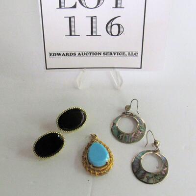 Vintage Mexico Abalone and Silver Earrings and Glass Earrings and Pendent