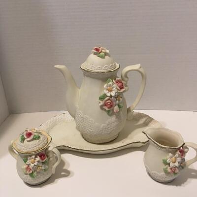 Flower Tea Set - Pot, Sugar Bowl, Creamer, Serving Plate