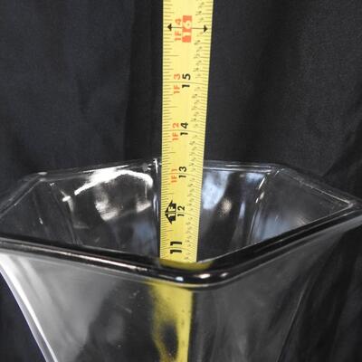 2-Glass Vases-Sunburst, 1-Round clear Canister, 1-Vintage Metal Basket W/Handles