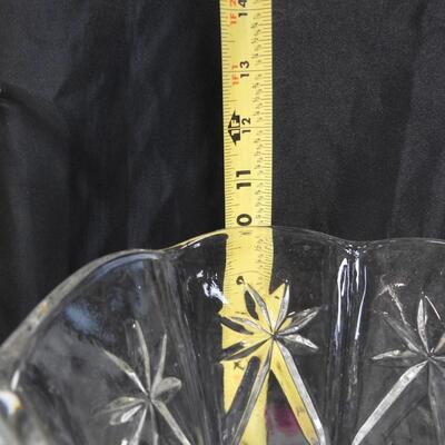2-Glass Vases-Sunburst, 1-Round clear Canister, 1-Vintage Metal Basket W/Handles