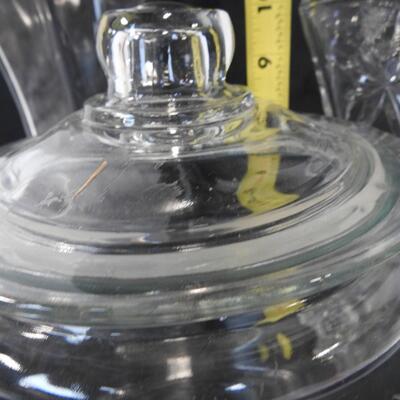 2-Glass Vases-Sunburst, 1-Round clear Canister, 1-Vintage Metal Basket W/Handles