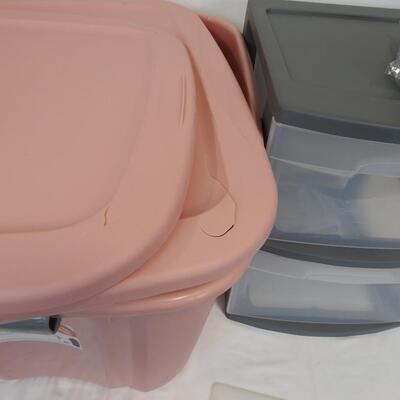 2 Storage Totes-Pink-Cracked Lids & (1) 2-Drawer Stacking Unit W/Wheels