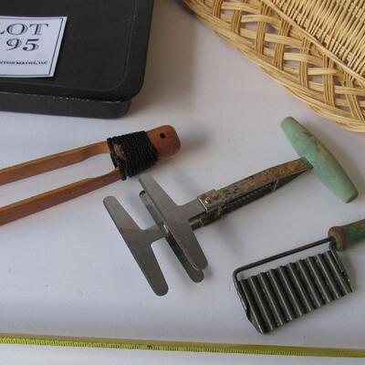 Misc Kitchen Stuff, Old Utensils, Basket, Can Sleeves