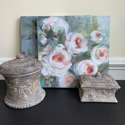 Lot 119R: Home Accent : Canvas Floral Prints & Square Nest Stoneware Jars