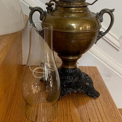 Lot 128-00R: Vintage Brass Miller Lamp & Oak Coat Rack