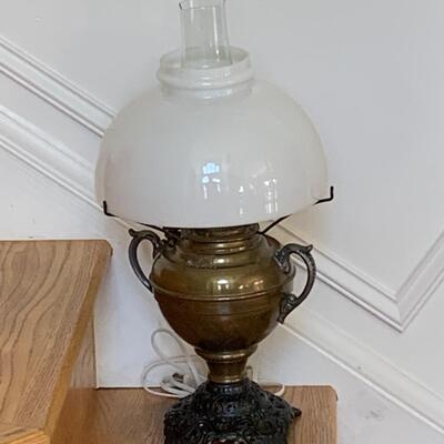 Lot 128-00R: Vintage Brass Miller Lamp & Oak Coat Rack