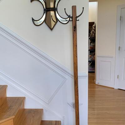 Lot 128-00R: Vintage Brass Miller Lamp & Oak Coat Rack