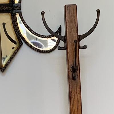 Lot 128-00R: Vintage Brass Miller Lamp & Oak Coat Rack