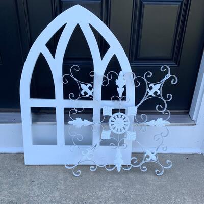Lot 129-00R  Pier One Wood Arched Cathedral Window Decor & Metal  Medallion Wall Art