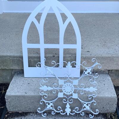 Lot 129-00R  Pier One Wood Arched Cathedral Window Decor & Metal  Medallion Wall Art