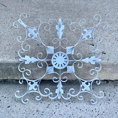 Lot 129-00R  Pier One Wood Arched Cathedral Window Decor & Metal  Medallion Wall Art