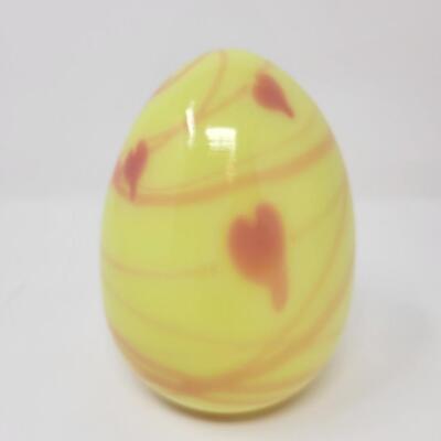 FENTON BURMESE SHINY URANIUM WITH PINK HANGING HEARTS AND VINES EGG-MADE BY FENTON FOR MCMILLEN & HUSBAND