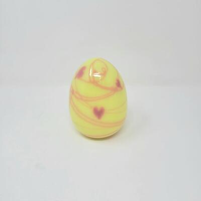 FENTON BURMESE SHINY URANIUM WITH PINK HANGING HEARTS AND VINES EGG-MADE BY FENTON FOR MCMILLEN & HUSBAND