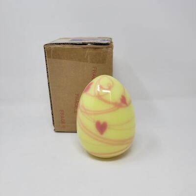 FENTON BURMESE SHINY URANIUM WITH PINK HANGING HEARTS AND VINES EGG-MADE BY FENTON FOR MCMILLEN & HUSBAND