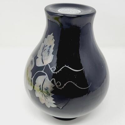 VINTAGE FENTON SIGNED SILVER EBONY HAND PAINTED VASE