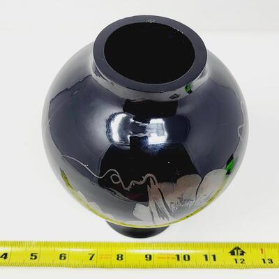 VINTAGE FENTON SIGNED SILVER EBONY HAND PAINTED VASE