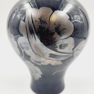VINTAGE FENTON SIGNED SILVER EBONY HAND PAINTED VASE