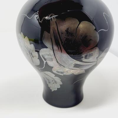 VINTAGE FENTON SIGNED SILVER EBONY HAND PAINTED VASE