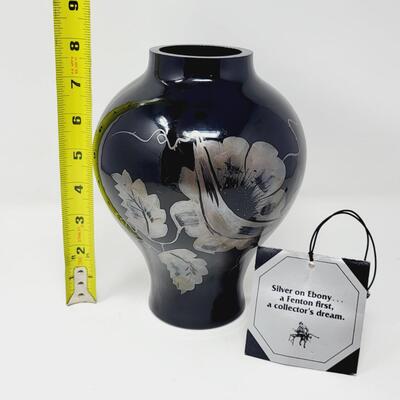 VINTAGE FENTON SIGNED SILVER EBONY HAND PAINTED VASE