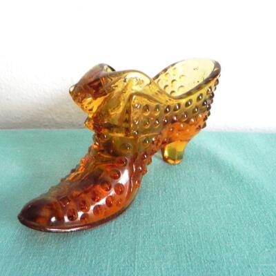 VINTAGE DESET GOLD VASE-AMBER FENTON SHOE- STEMMED CANDY DISH