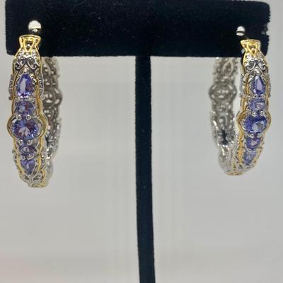 LOT 16: 925 NH  Two Tone Tanzanite Hoop Earrings