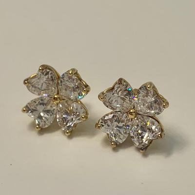 LOT 24: 925 Gold Vermeil Sterling Silver Cubic Zirconia Flower Design Pierced Earrings