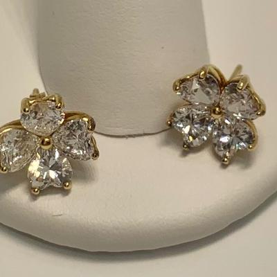 LOT 24: 925 Gold Vermeil Sterling Silver Cubic Zirconia Flower Design Pierced Earrings