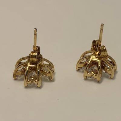 LOT 24: 925 Gold Vermeil Sterling Silver Cubic Zirconia Flower Design Pierced Earrings