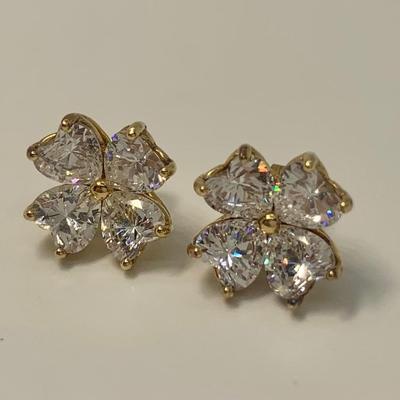 LOT 24: 925 Gold Vermeil Sterling Silver Cubic Zirconia Flower Design Pierced Earrings