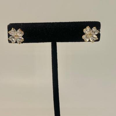 LOT 24: 925 Gold Vermeil Sterling Silver Cubic Zirconia Flower Design Pierced Earrings