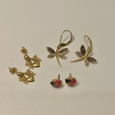LOT 26:  4g tw  3 Pair Pierced Earrings - Dragonfly w/Diamond Chips, Ladybug & Cherub