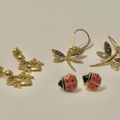 LOT 26:  4g tw  3 Pair Pierced Earrings - Dragonfly w/Diamond Chips, Ladybug & Cherub