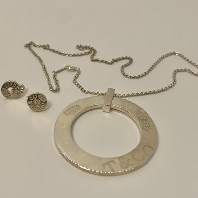 LOT 28: Hard to find Set! 23.4g Sterling Silver Tiffany & Co. 1837 Vintage Large Circle Pendant Necklace w/ 18" Chain &...