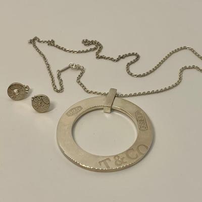 LOT 28: Hard to find Set! 23.4g Sterling Silver Tiffany & Co. 1837 Vintage Large Circle Pendant Necklace w/ 18" Chain &...