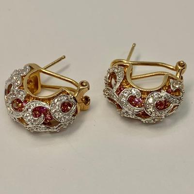 LOT 35: 14k 9.79g Yellow Gold Pink Sapphires & Diamonds Lever Back Pierced Earrings