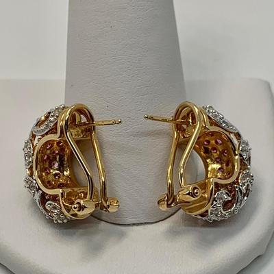 LOT 35: 14k 9.79g Yellow Gold Pink Sapphires & Diamonds Lever Back Pierced Earrings