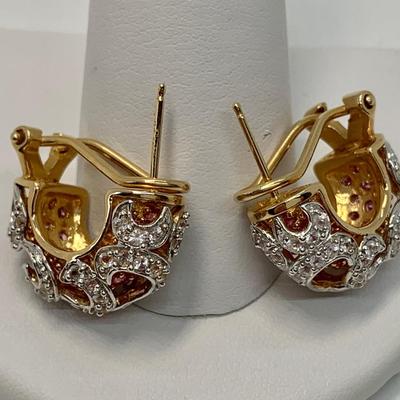 LOT 35: 14k 9.79g Yellow Gold Pink Sapphires & Diamonds Lever Back Pierced Earrings