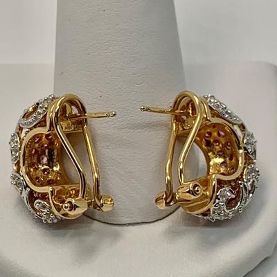 LOT 35: 14k 9.79g Yellow Gold Pink Sapphires & Diamonds Lever Back Pierced Earrings